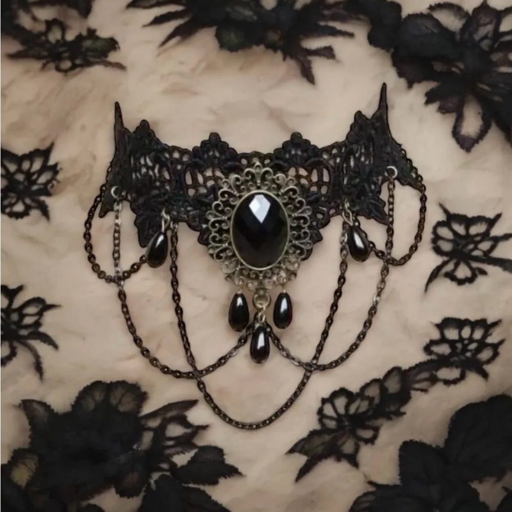 New Vintage Choker Necklace Black Sapphire Gothic - Picture 7 of 8